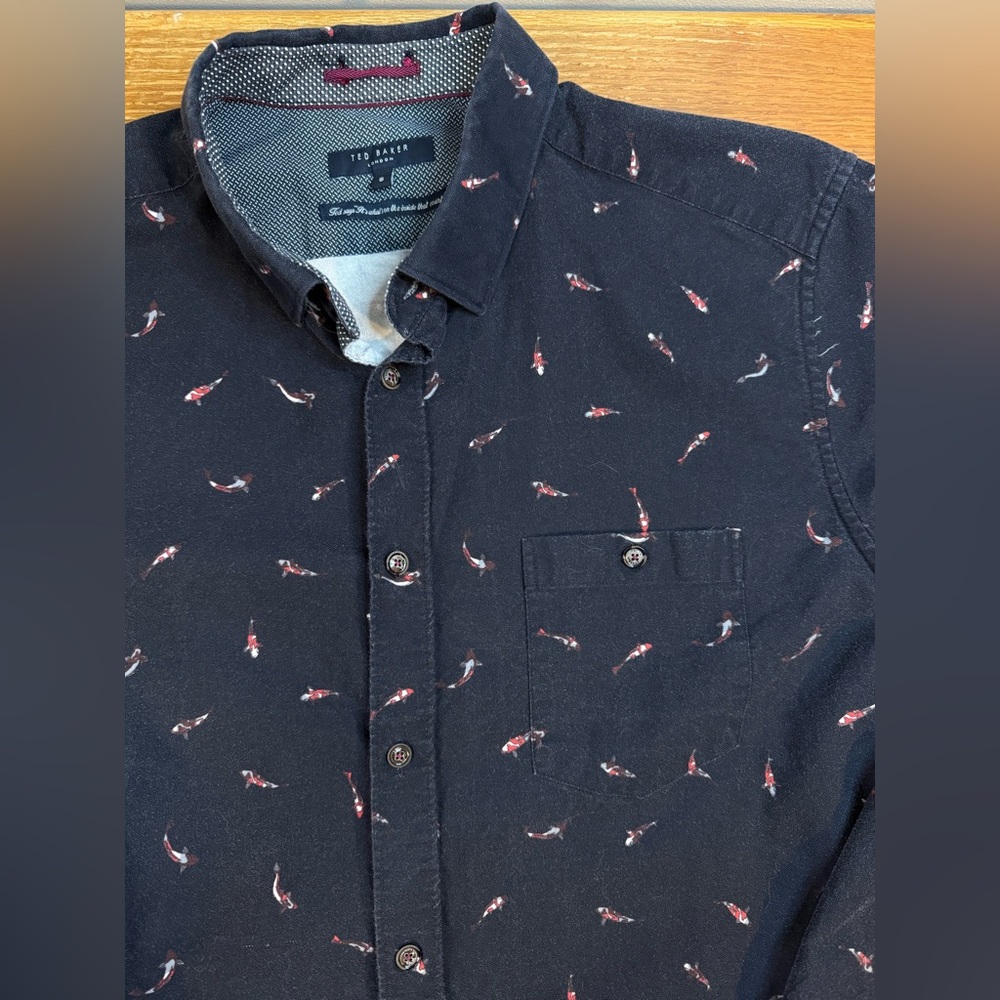 Ted Baker Men's Casual Shirt 6 XL Koi Fish Allover Black Cotton Button Up Preppy